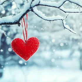 Winter Love: Heart Hanging on a Snowy Branch