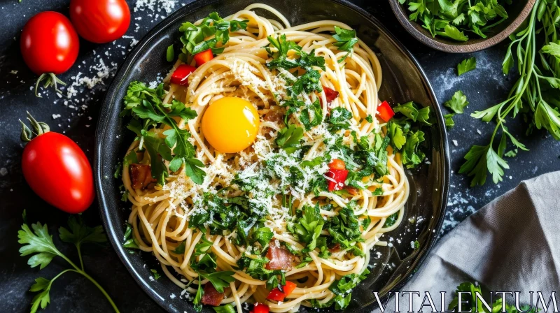 Delicious Plate of Pasta with Egg Yolk, Parsley, Tomatoes, and Grated Cheese AI Image