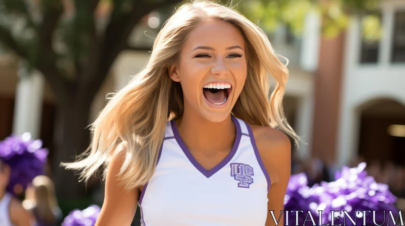 Exciting Cheerleader in White and Purple Uniform AI Image