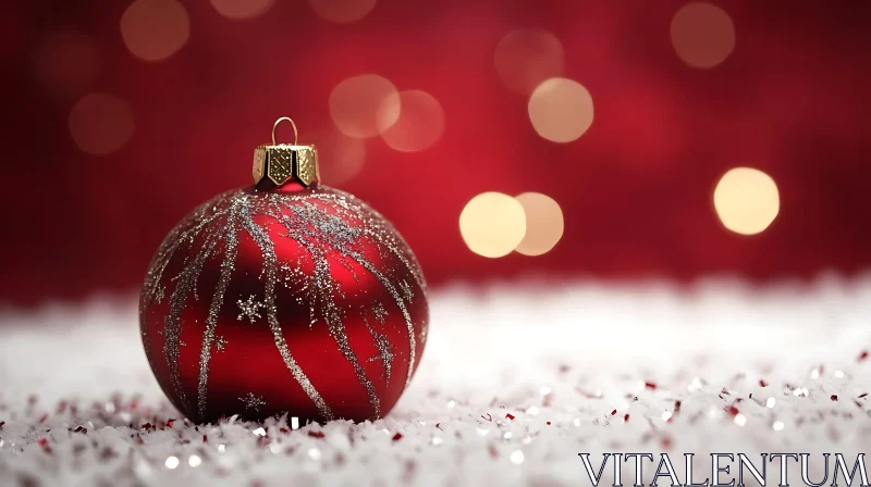 Festive Red Ornament on Snow with Bokeh Lights AI Image