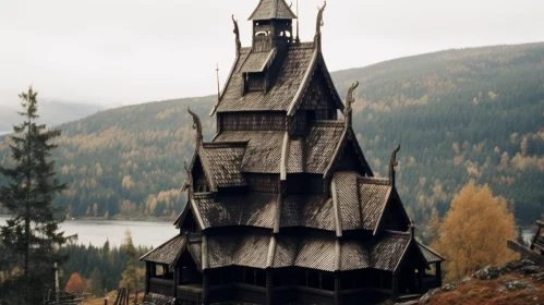 Gothic Dark Wooden Viking House near Lake | Religious Themes