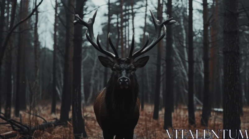 Majestic Male Deer Portrait in Dark Forest AI Image