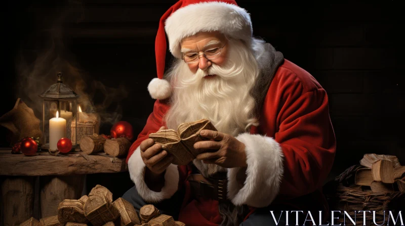 Mesmerizing Christmas Scene: Santa Claus and Wrapped Packages by the Fireplace AI Image