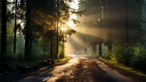 Misty Forest Road with Sun Beams - A Serene Landscape