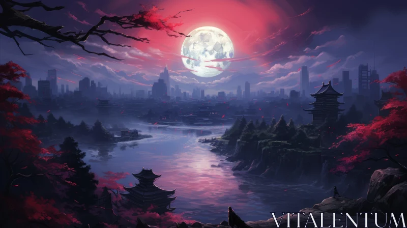 Moonlit Asian City with Red Trees: An Anime-Inspired Artwork AI Image