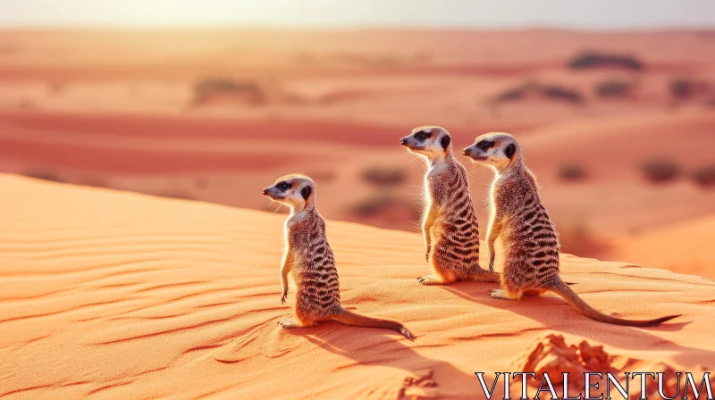 Three Meerkats Standing on a Desert Sand Dune - Wildlife in the Arid Landscape AI Image