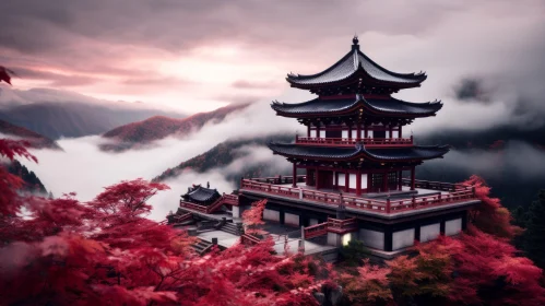 Vibrant Red Pagoda in Autumn Forest - Anime Aesthetic