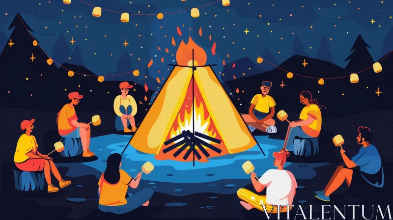 AI ART Wilderness Camping: Friends, Campfire, Forest