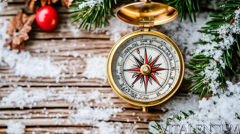 Snow-Dusted Compass with Pine Branches AI Image