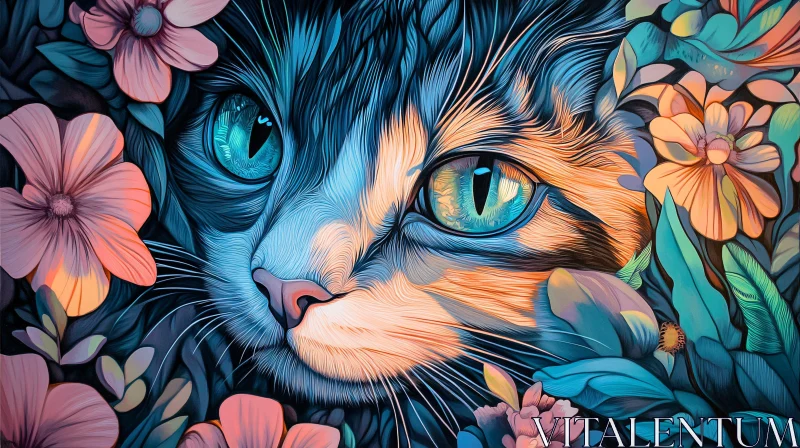 Colorful Cat and Flowers Art AI Image