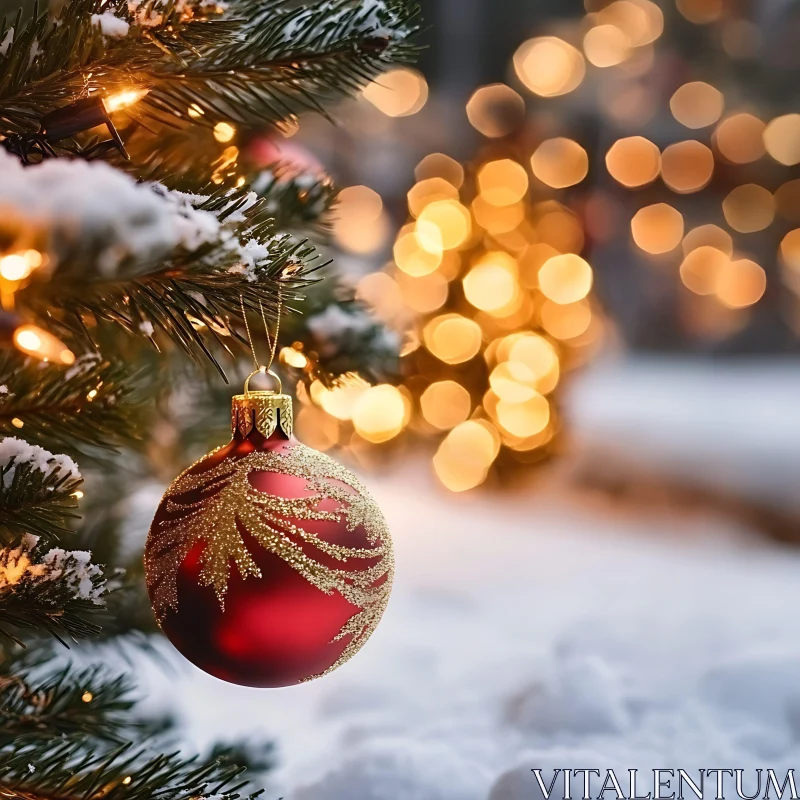 Festive Christmas Tree with Red Ornament and Snow AI Image