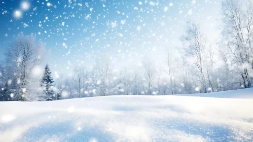 Peaceful Winter Scene with Snow-Covered Trees and Falling Snow