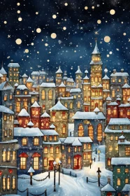 Christmas Snow Town with Stars and Warm Lights