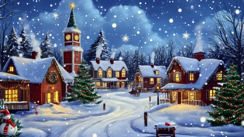 Snowy Christmas Village at Night