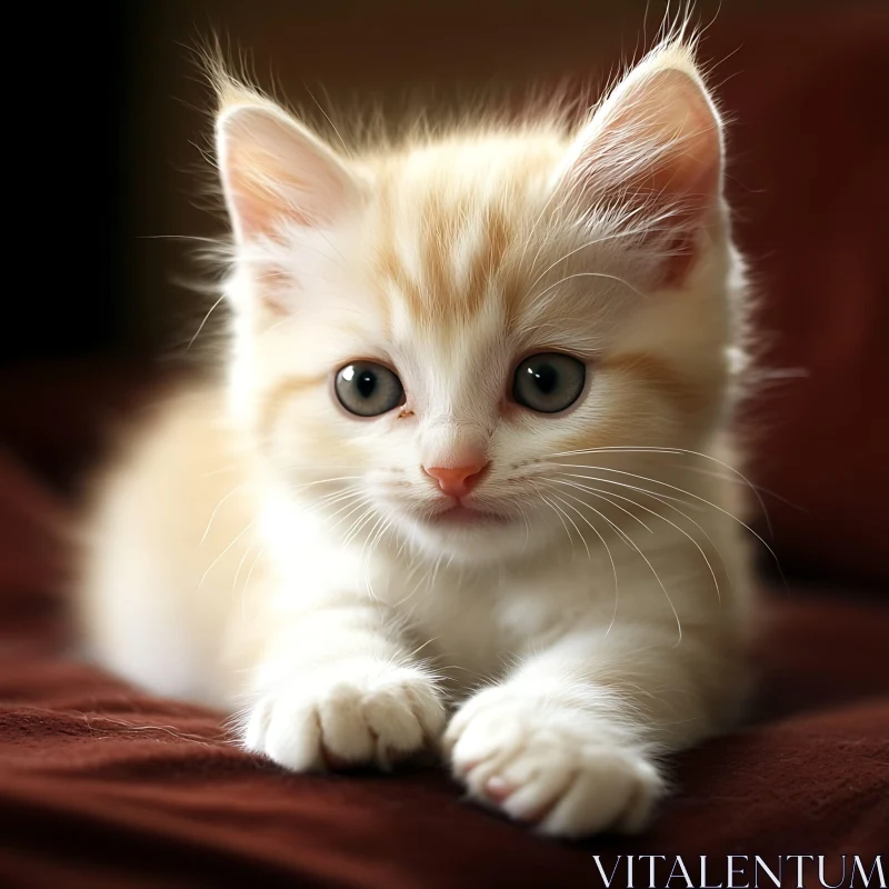 Cute Kitten with Blue Eyes Lying on Maroon Surface AI Image