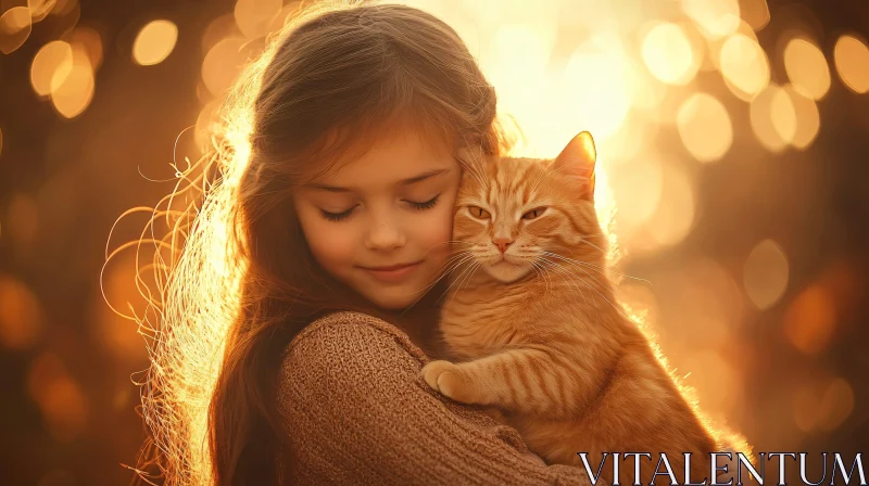 Tender Moment Between Girl and Cat at Sunset AI Image