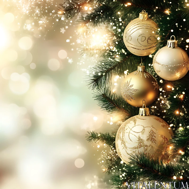 Festive Decor: Golden Baubles on Tree AI Image