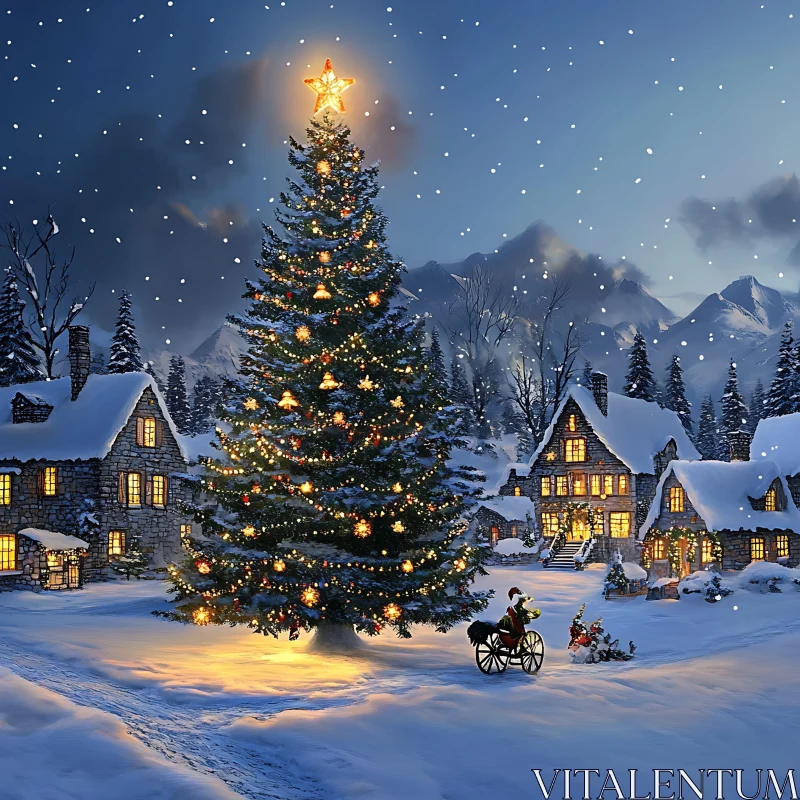 Snowy Christmas Village with Lit Tree and Horse-Drawn Carriage AI Image