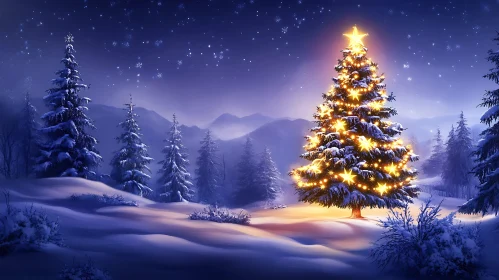 Enchanted Winter Scene with Lit Christmas Tree