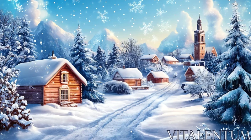 Charming Snowy Village and Majestic Mountains in Winter AI Image