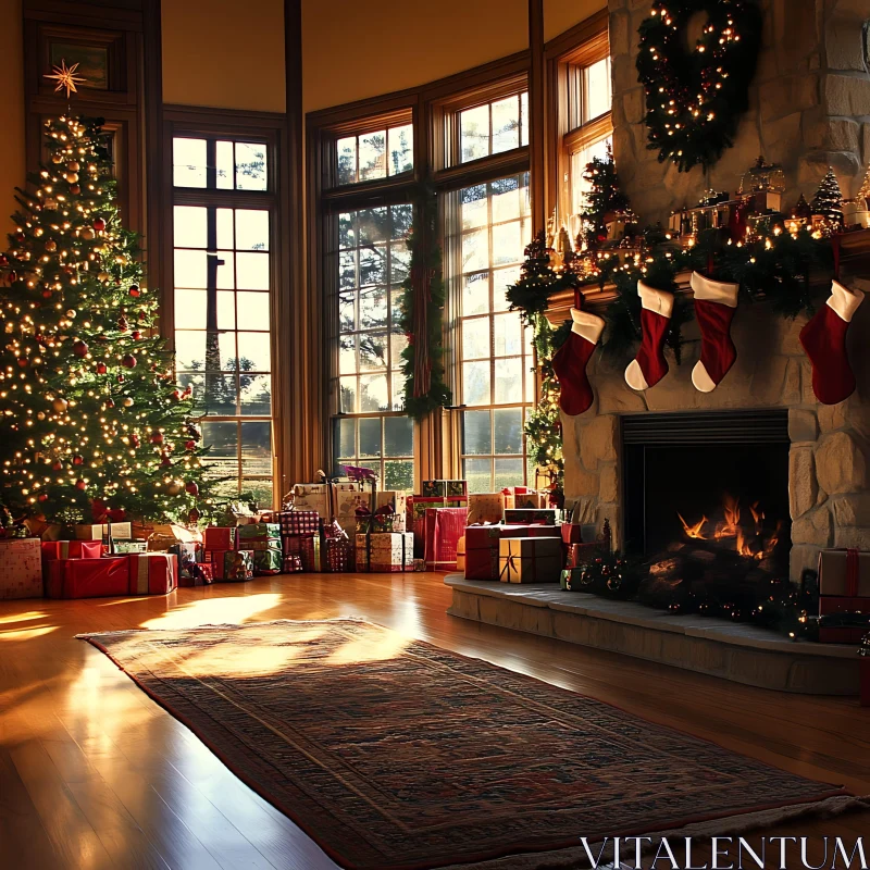 Festive Living Room with Christmas Decorations AI Image