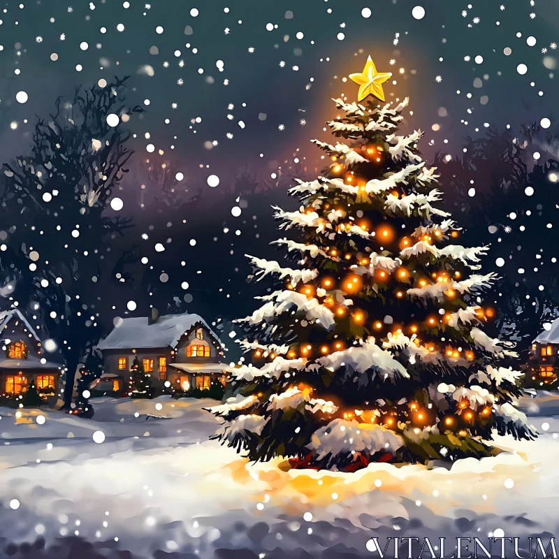 Illuminated Christmas Tree Amidst Falling Snow AI Image