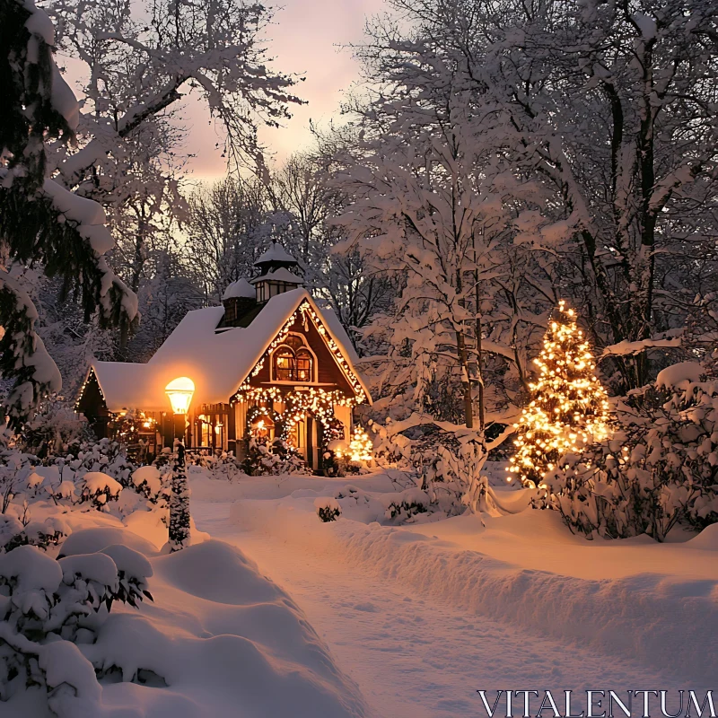 Snow-Covered Cottage with Festive Christmas Lights AI Image