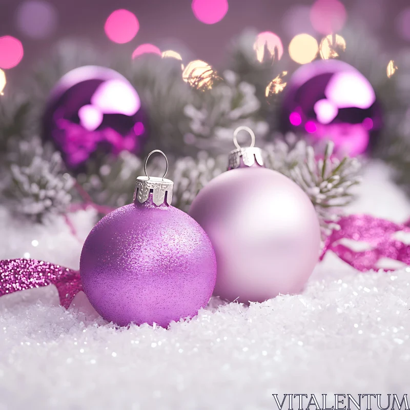 Christmas Decorations in Purple and Snow AI Image