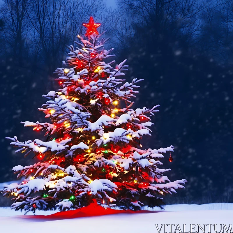 Christmas Tree with Lights and Snow AI Image