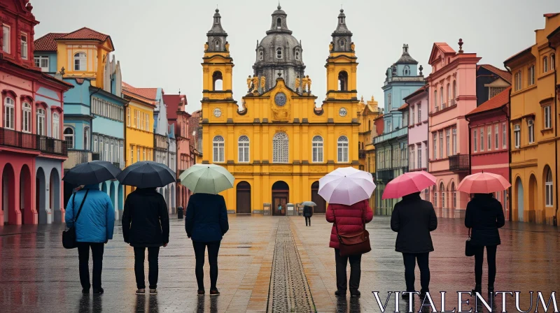 Captivating Street Decor: People Under Umbrella in Baroque Architecture AI Image