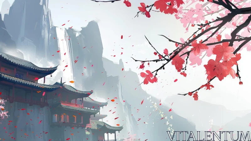 Chinese Landscape Painting with Mountain and Cherry Blossoms AI Image