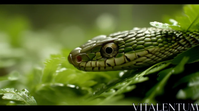 Close-Up of a Green Snake with Black Stripes | Enchanting Nature Photography AI Image