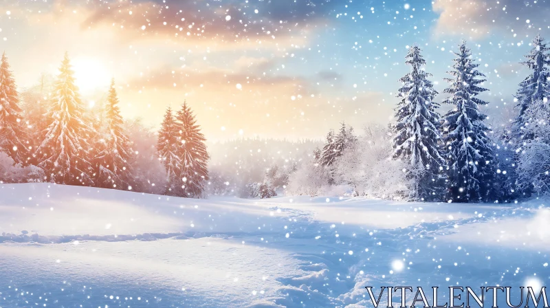 AI ART Peaceful Snowy Forest at Sunset