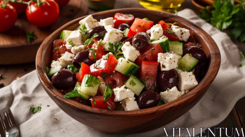 AI ART Delicious Greek Salad in a Wooden Bowl | Fresh and Flavorful