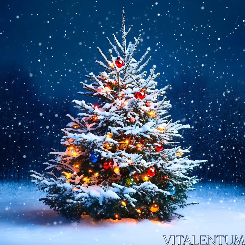 Outdoor Christmas Tree with Ornaments and Lights AI Image