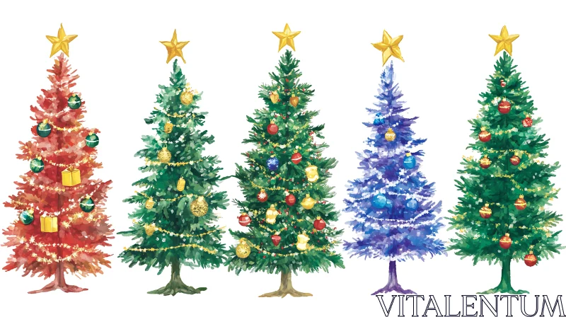 Festive Christmas Trees with Unique Decorations AI Image