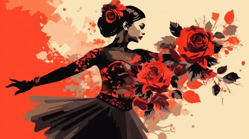 Elegant Flamenco Dancer Illustration with Red Roses