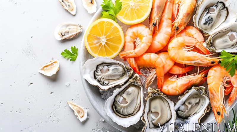 Exquisite Fresh Seafood: Raw Oysters and Shrimps on White Plate AI Image