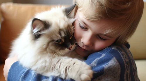 Joyful Moment: Young Girl Hugging White Cat