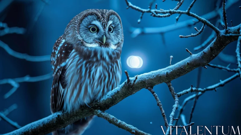 Mysterious Owl on Snow-Covered Branch in the Night AI Image