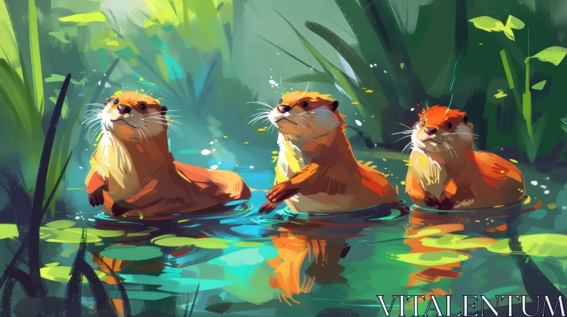 AI ART Playful Otters in Clear Pond | Nature Scene