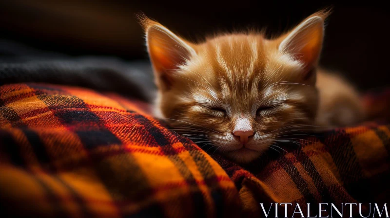 Sleeping Orange Kitten on Plaid Blanket AI Image