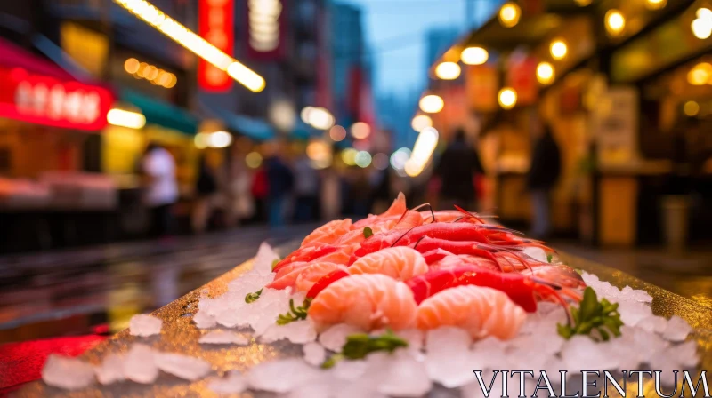 Tokyo Street Scene: Mesmerizing Sushi and Seafood on Ice AI Image
