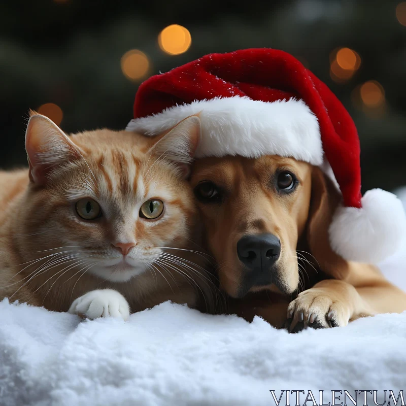 Cute Cat and Dog in Christmas Hat on Snow