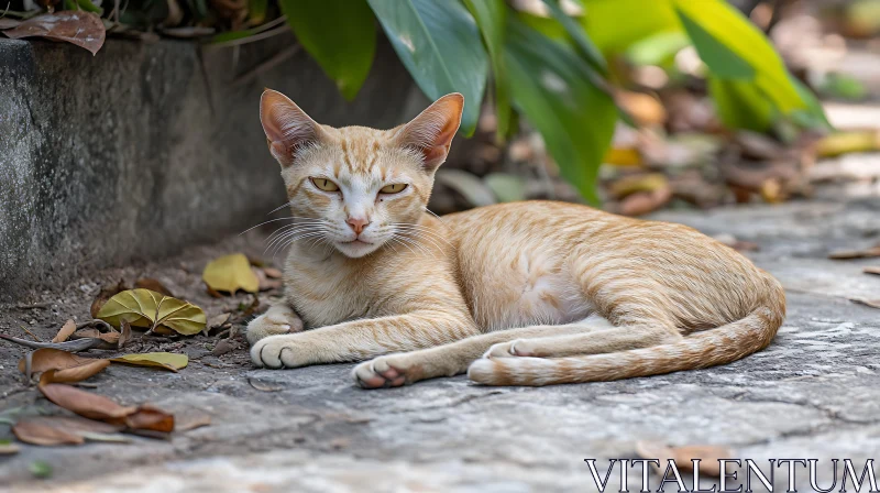 Ginger Cat Lying on Stone Pavement