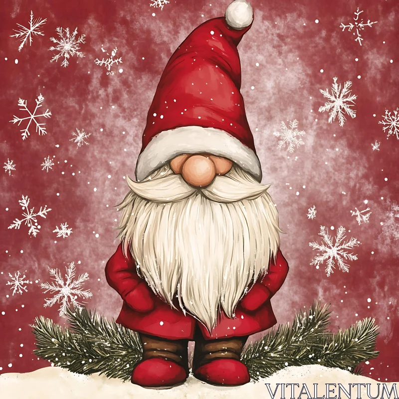 Whimsical Christmas Gnome Illustration with Snowflakes