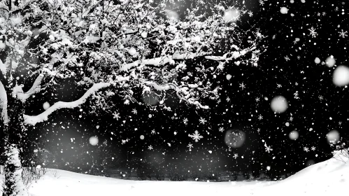 Peaceful Snow-Covered Tree in Winter at Night