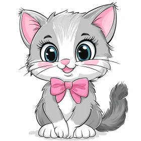 Charming Grey and White Cartoon Cat Illustration