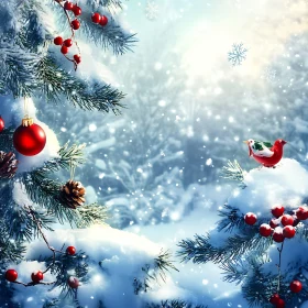 Snow-Laden Pine Branch with Ornaments and Red Bird Figurine