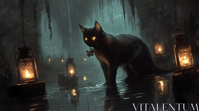Glowing-Eyed Cat Holding Lantern in Dark Setting